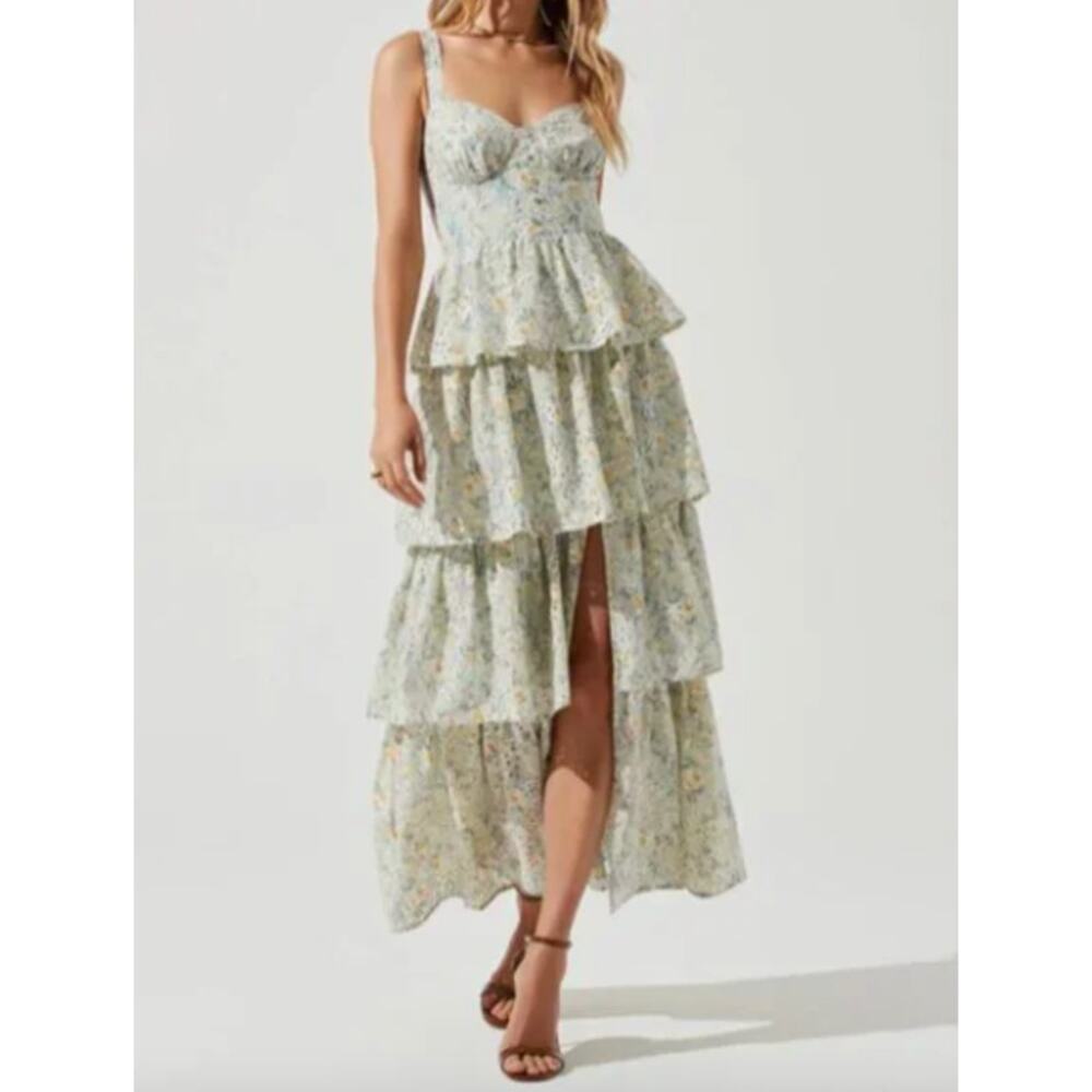 ASTR the Label Midsummer Tiered Floral Maxi Dress Light Mint Size XL Eyelit